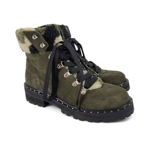 Steve Madden Receptive Boots‎ Women's 7.5 Green Suede Camo Faux Fur Lug Sole EUC